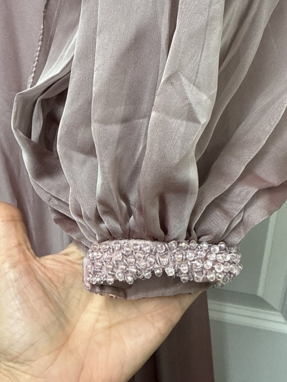 Mac Duggal Size 6 Mauve 67414 Chiffon Gown Dress Cutaway Sleeve Beaded Cuff Prom - Picture 10 of 15